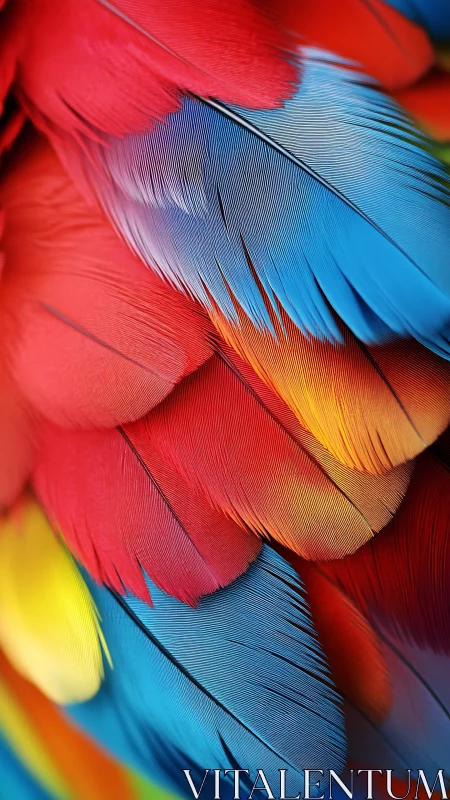 Macro study of vivid red, blue, and yellow parrot feathers.