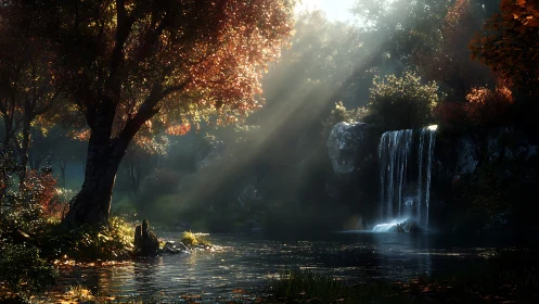 Sunlit forest waterfall where autumn leaves quietly glow.