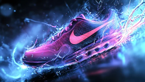 Rendered athletic shoe floats amid dynamic liquid splashes