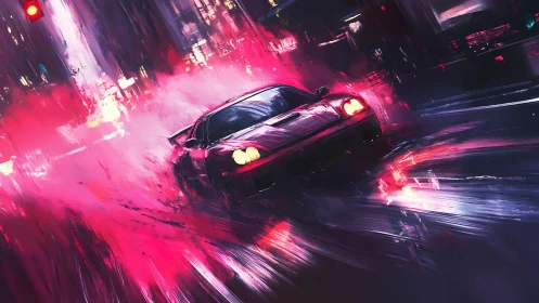 Neon-lit sports coupe drifting through rain-soaked cyber street