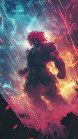 Electrified warrior silhouette splits storm in dual neon spectrum