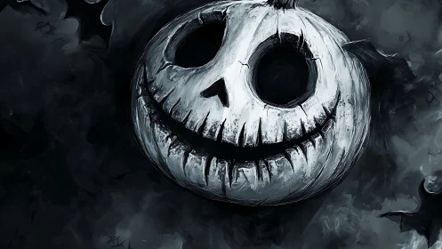 Grinning cracked pumpkin skull floats in swirling shadow fog.