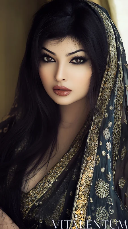 Elegant woman in ornate embroidered dupatta gazes calmly.