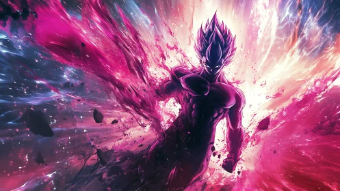 Cosmic warrior bursting through a storm of neon power.