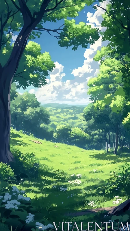 Sunlit Forest Clearing Overlooking Verdant Valley Landscape