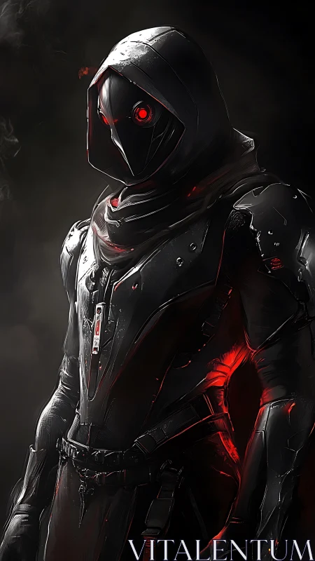 Hooded humanoid figure in armored suit with red lighting.