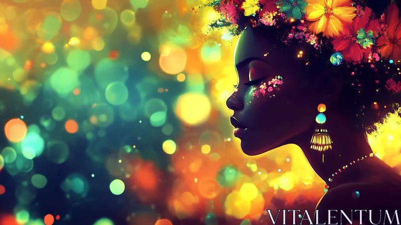 Floral crowned profile amid glowing bokeh lights.