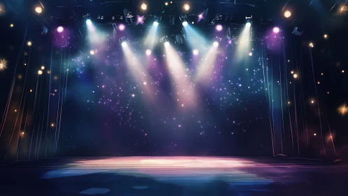 Stage lights rehearse galaxies across a waiting floor