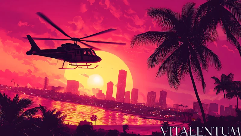 Neon sunset helicopter over retro-futurist tropical skyline.