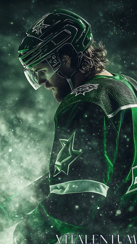 Hockey player in green uniform emerges from luminous particle field