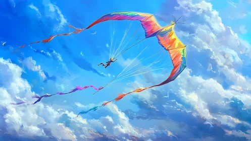 Vibrant rainbow glider soars freely through sunlit clouds