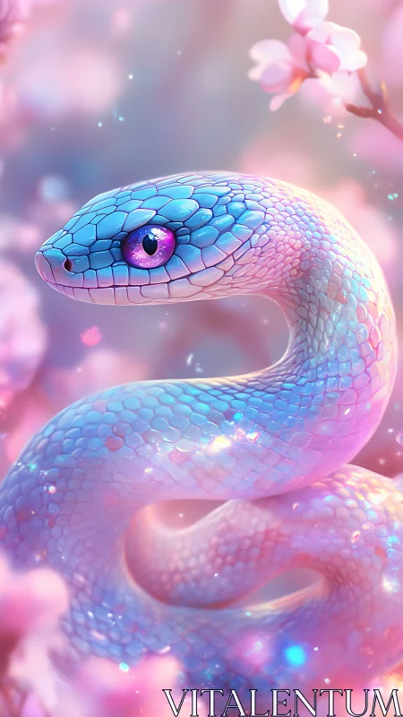 Iridescent pastel snake among soft pink blossoms.