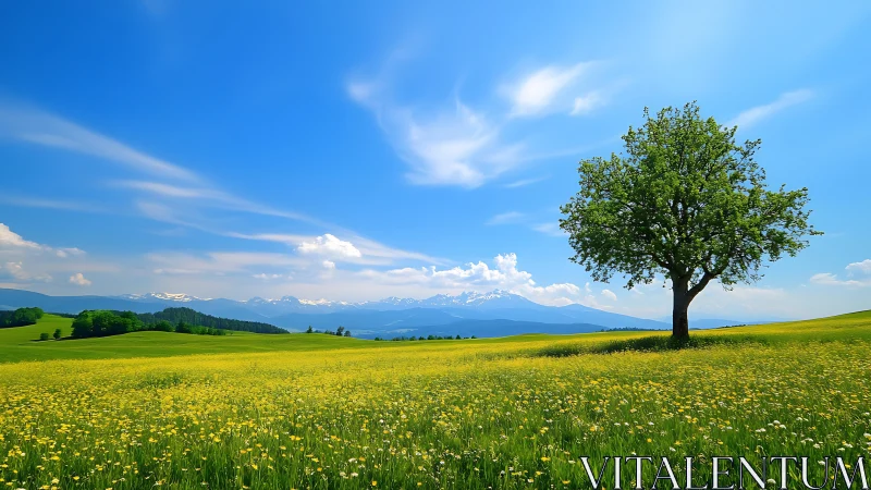 Solitary tree in wide meadow under clear blue sky.