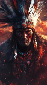 Ember sky elder in feathered warlight regalia stands unshaken.