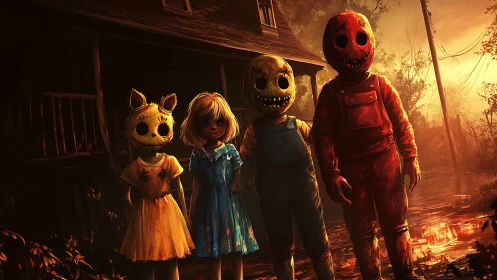 Masked children stand in front of a decayed rural house at dusk