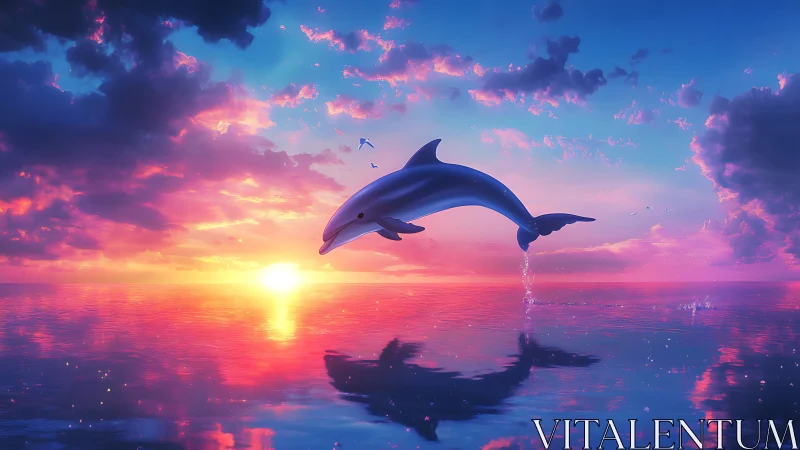Graceful dolphin arcs above a neon sunset ocean horizon