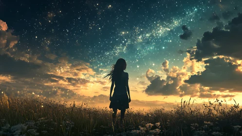 Silhouette girl watching glowing stars above sunset field.