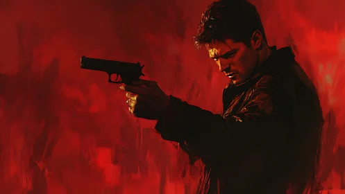 Brooding gunman in profile against abstract crimson void.