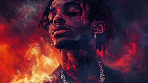 Tattooed figure in red smoke, neon fire-lit portrait.