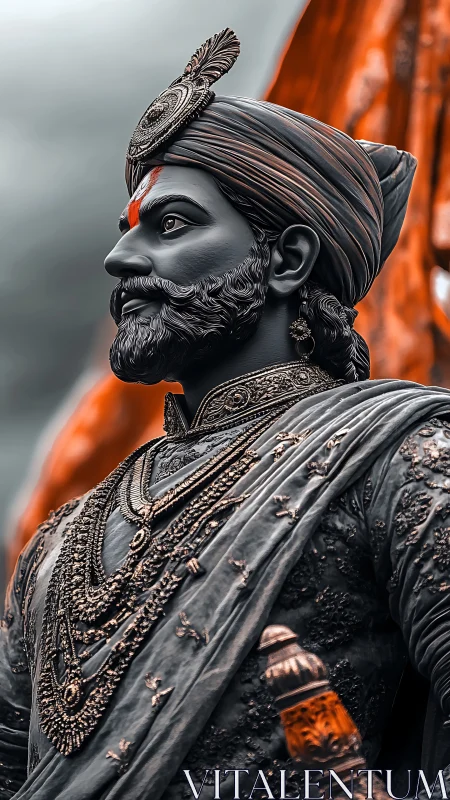 3D regal warrior bust with ornate textile and metal detailing.