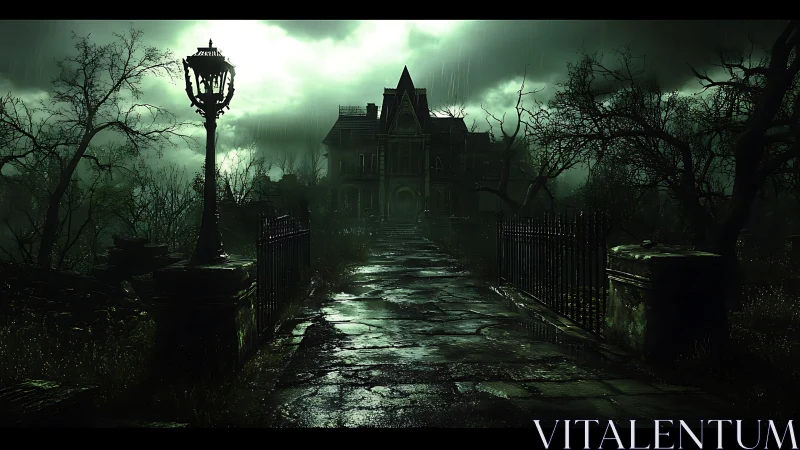 Haunted gothic mansion under stormlit green night sky.
