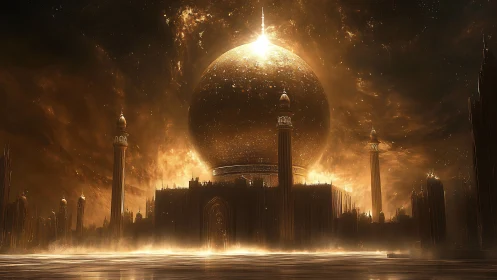 Celestial golden megastructure with luminous planetary dome