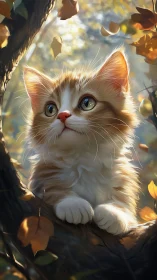 Fluffy kitten surrounded by falling autumn leaves in sunlight