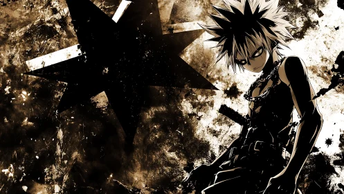 Brooding anime warrior stands amid bold grunge chaos