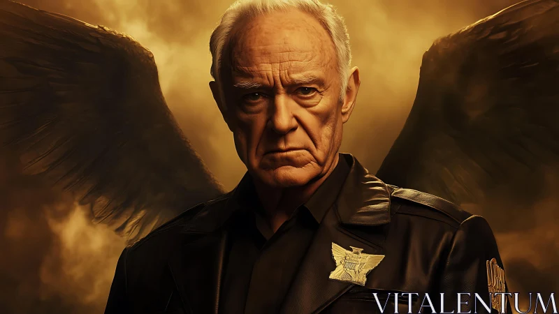 Older man with dark angel wings stands in golden smoke