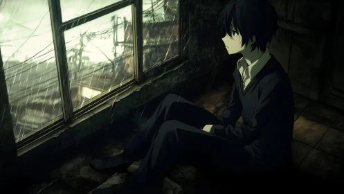 Seated boy by rain streaked window in dim interior room.