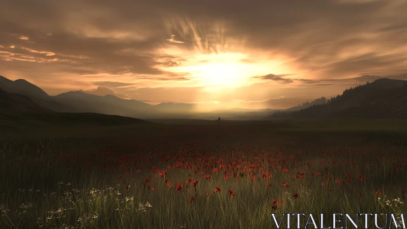 Sunset light passes over mountain valley and flower field