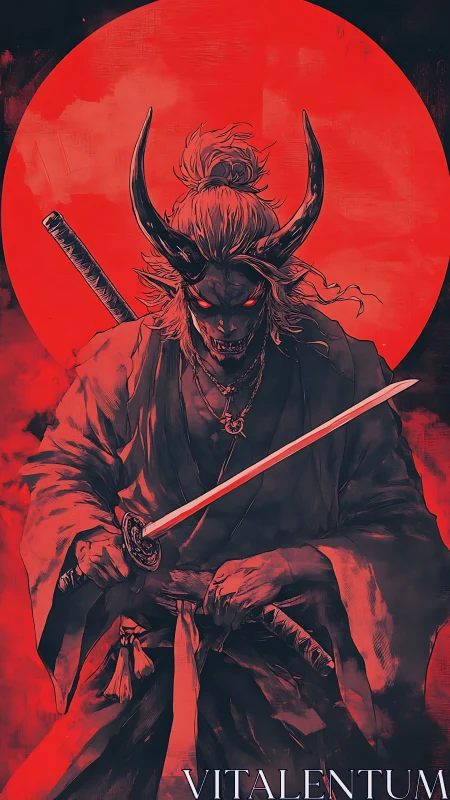 Horned demon samurai grips katana before red circular backdrop