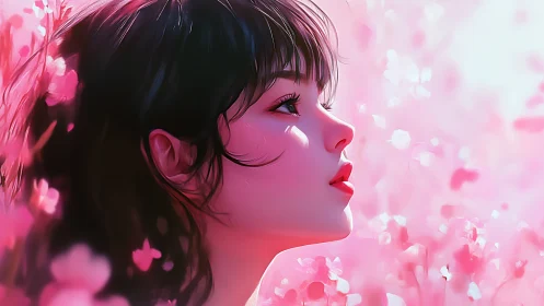 Cherry blossoms cradle a daydreaming girl in rosy light