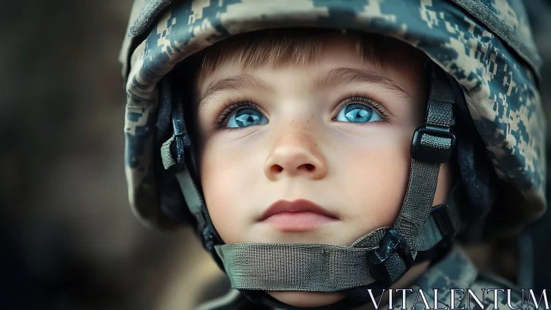 Child Portrait: Digital Rendering with Military Headgear and Striking Blue Eyes