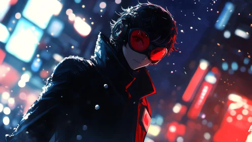Masked cyberpunk hero watches neon city in burning silence