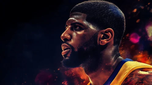 Starlit courtside warrior framed in molten arena glow.