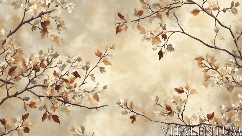 Branch pattern with neutral blossoms on textured beige field.