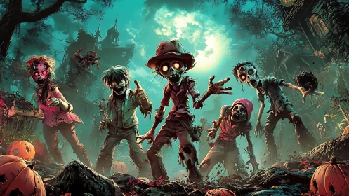 Group of cartoon zombies in night graveyard setting.