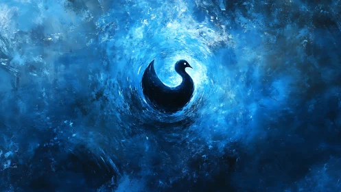 Silhouette of duck-like form centered in blue vortex field