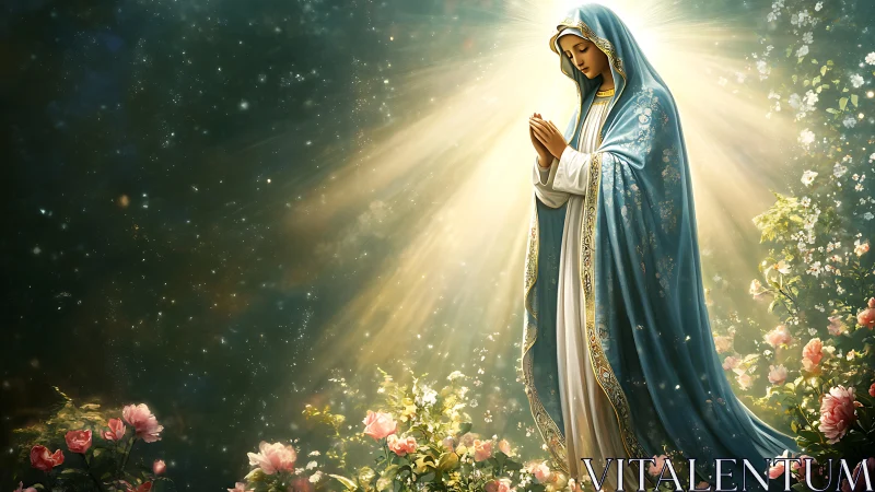 Radiant lady in blue cloak praying amid roselit starlight.