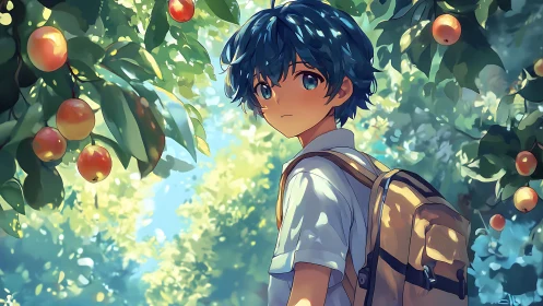 Boy with backpack stands under fruit trees in bright orchard