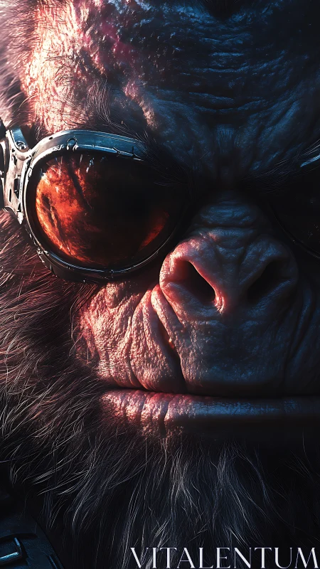 Cinematic cyberpunk ape portrait with reflective goggles close-up.