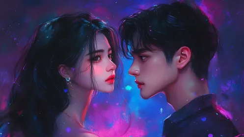 Neon-Lit Proximity: Two Figures in Luminescent Blue-Magenta Atmosphere