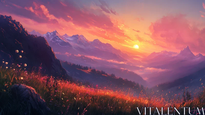 Vivid mountain valley sunset over wildflower meadow.