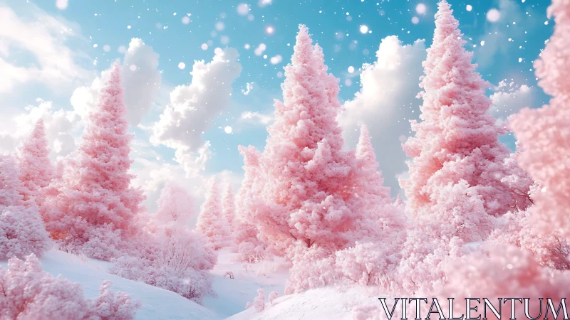 Pink winter forest under bright blue sky with clouds.