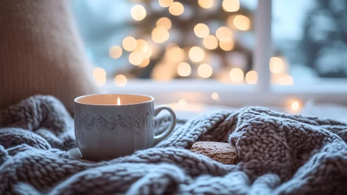 Candlelit ceramic cup on knitted blanket with festive bokeh