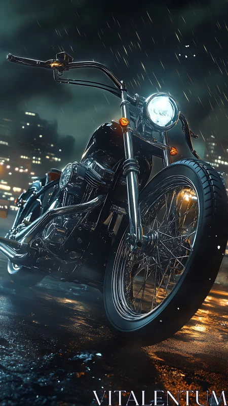 Low-angle custom motorcycle under neon city rainstorm.