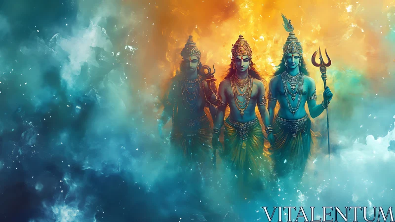 Divine blue deities stride through swirling cosmic light veil