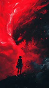 Swordsman silhouette confronts colossal red spectral beast.