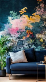 Velvet blue sofa contrasts floral abstract mural in lounge
